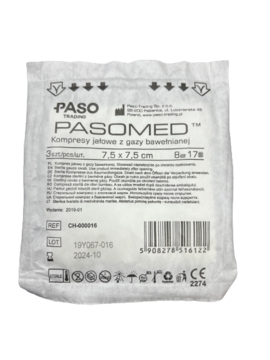 Kompresy gazowe jałowe pakowane po 3sztuki 7,5x7,5 cm | PASO
